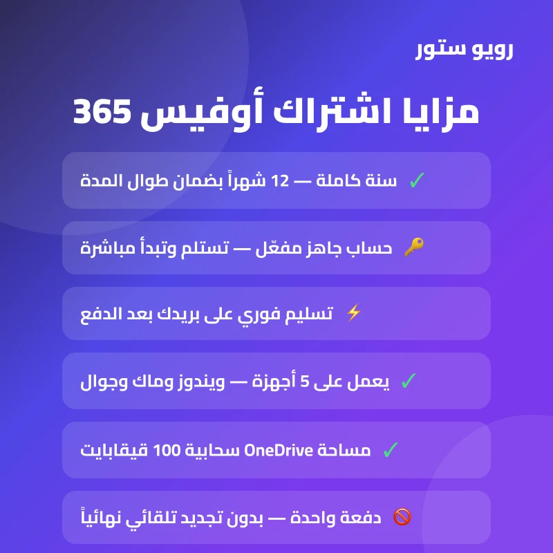 اشتراك Office 365 برو بلس — سنة كاملة حساب جاهز | تسليم فوري